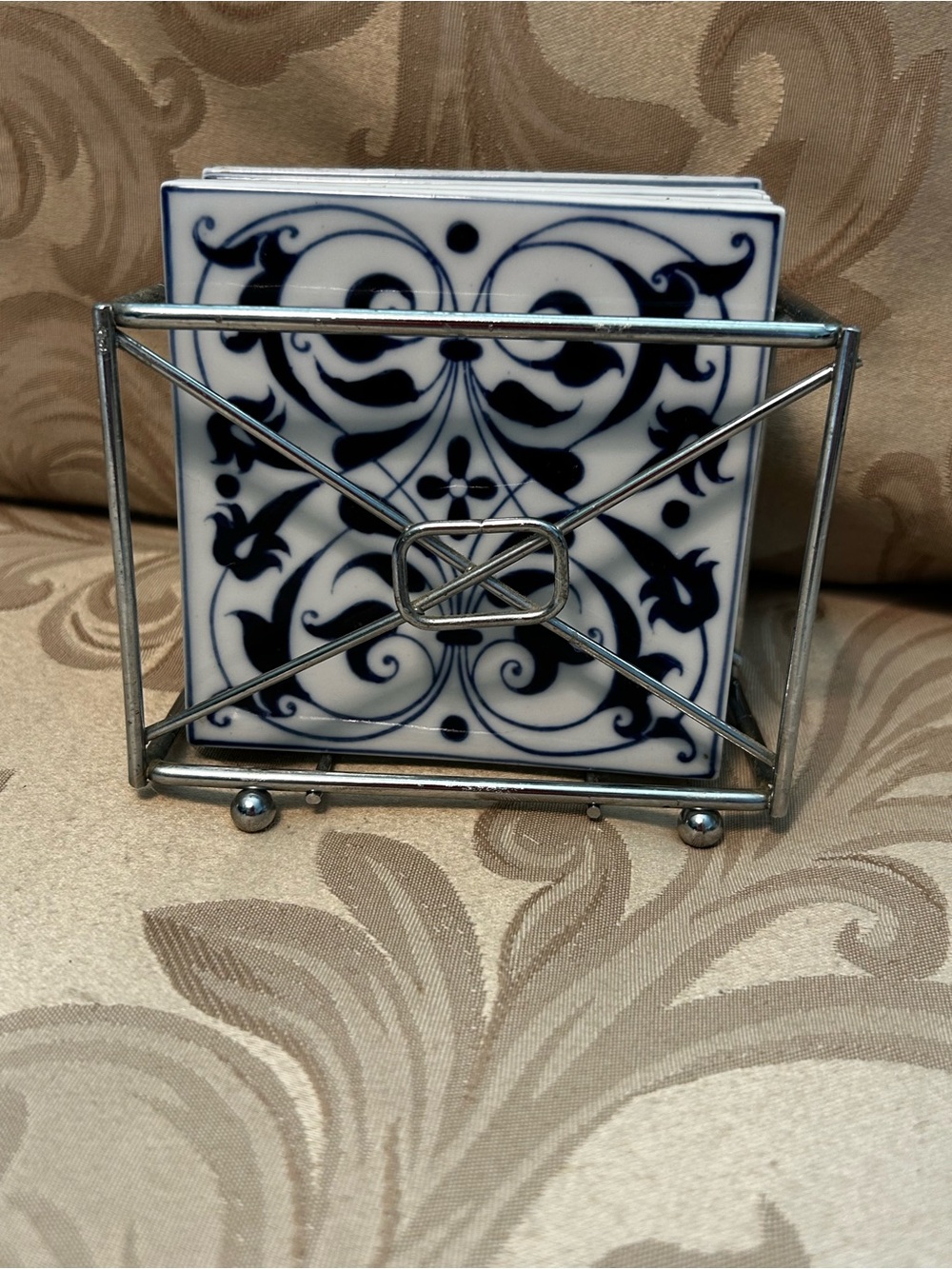 Vintage Bombay Blue White Floral Tile Coaster Set of 6 Silver Caddy Holder
